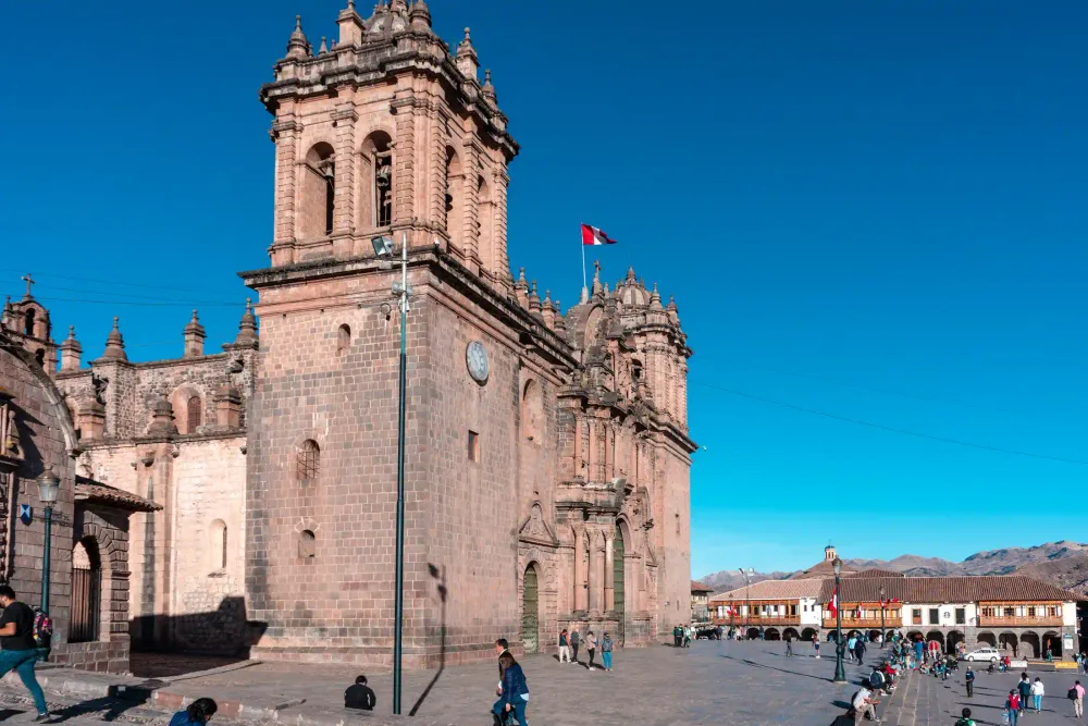 The Baroque facade of the Cusco Cathedral on the Plaza de Armas