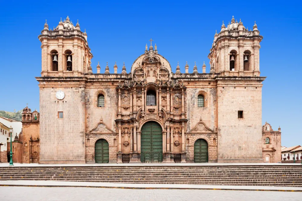 The Baroque facade of the Cusco Cathedral on the Plaza de Armas