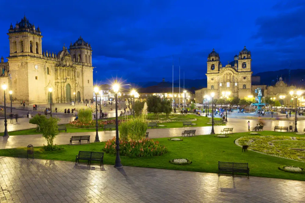 The Plaza de Armas of Cusco illuminated at dusk