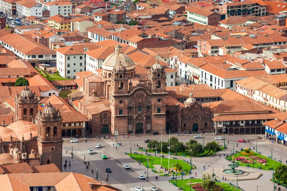 Aerial view of the Plaza de Armas and the historic centre of Cusco