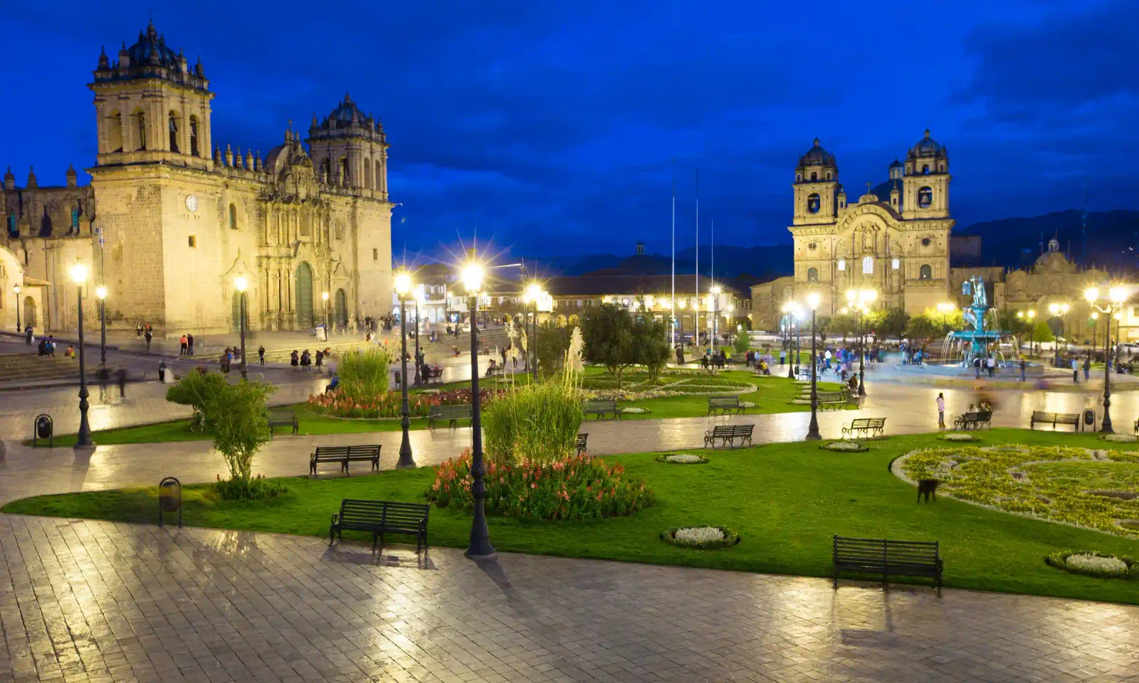 The Plaza de Armas of Cusco at dusk, the base for day tours across the region