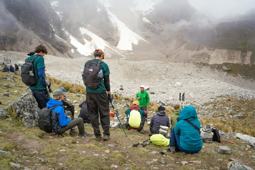 Trekkers on the high Andean trail of the Inca Jungle route
