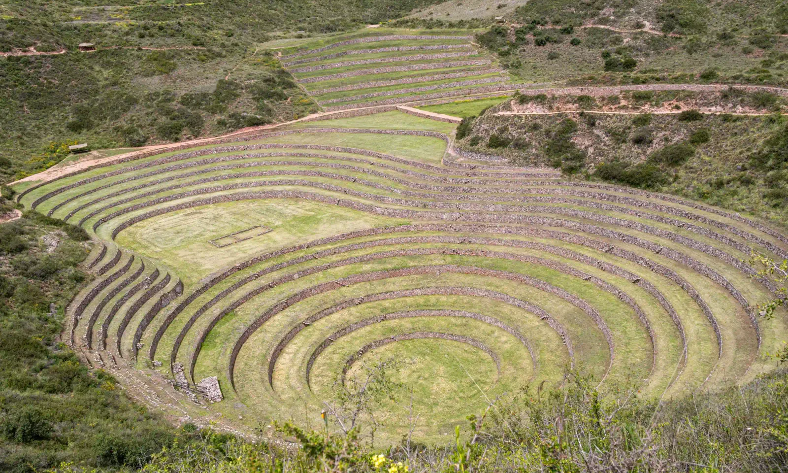 The circular Inca terraces of Moray in the Sacred Valley, visited on the 2-day Machu Picchu and Sacred Valley tour