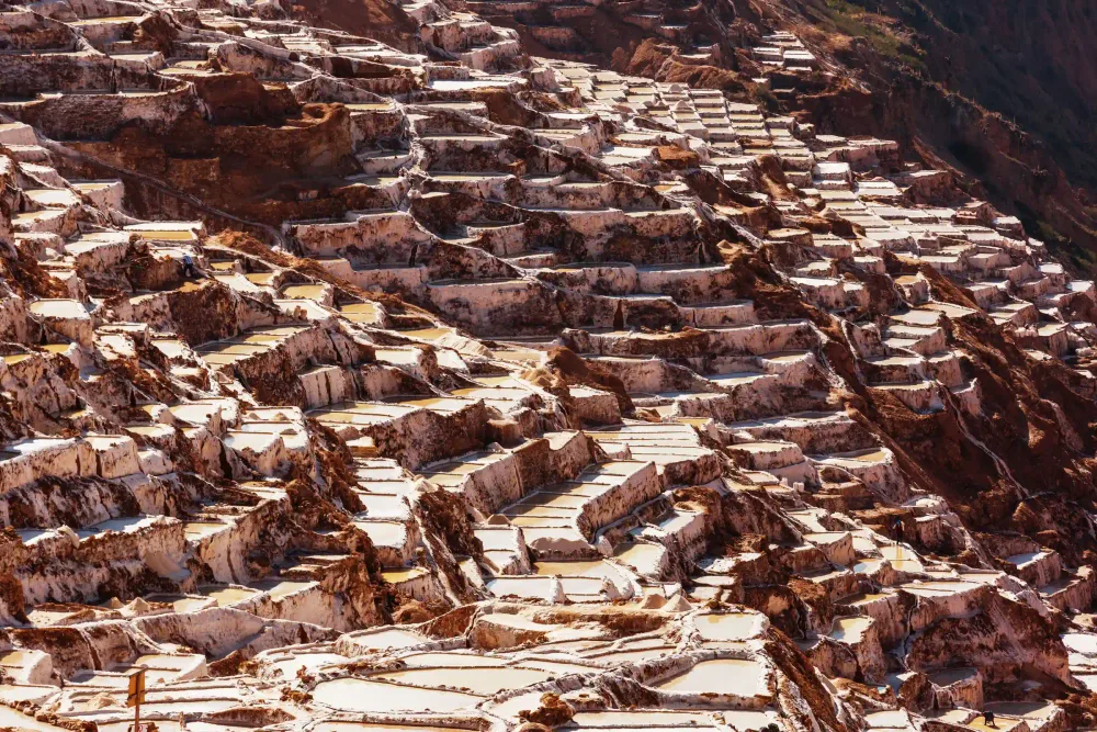 Thousands of salt pools cascading down the hillside at Maras