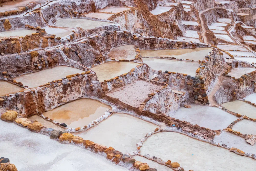 Close-up of the white and ochre salt pans of Maras
