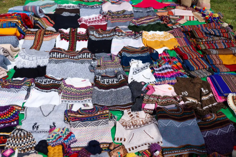 Handwoven Andean textiles at a Sacred Valley artisan market