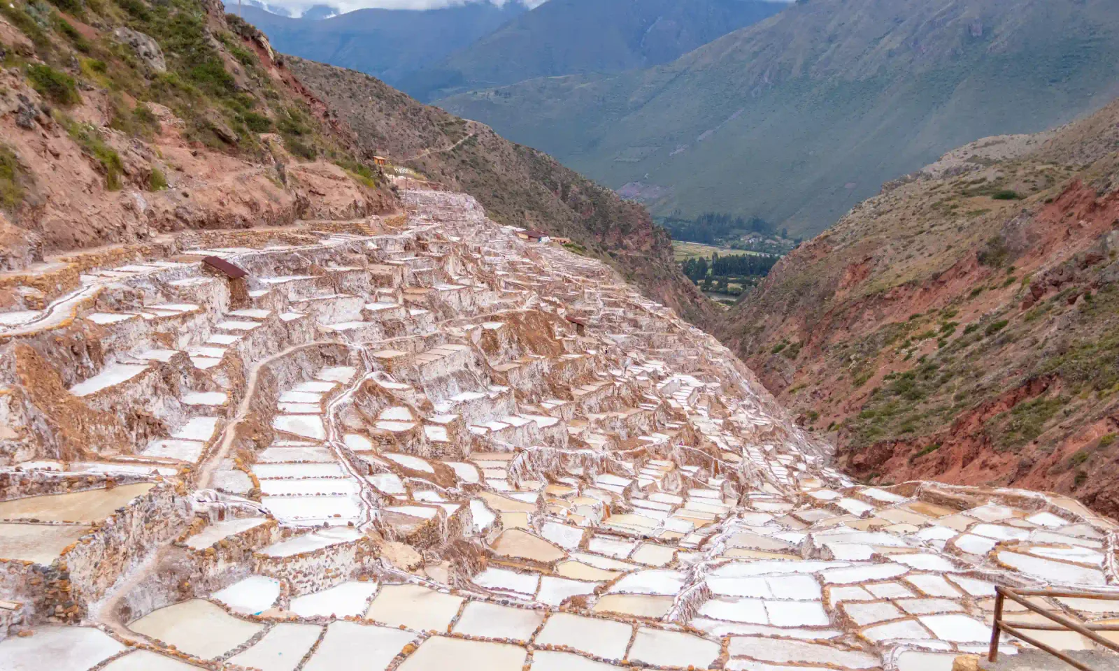 The Maras salt ponds cascading down the Sacred Valley of the Incas near Cusco